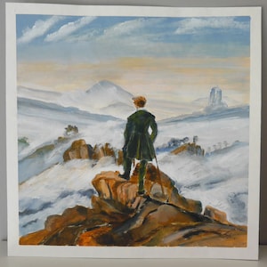 Caspar David Friedrich, escursionista, mare di nebbia, cielo, figura di schiena, rocce, su carta di Beate Frieling