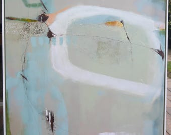 Pintura acrílica abstracta y moderna en colores pastel con verde claro, azul claro, líneas y formas claras, enmarcada en blanco por Beate Frieling