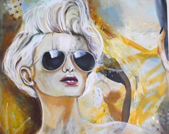 Women painting,portrait,modern,sunglasses,summer,blond,white,yellow,brown,black,abstract,by Beate Frieling