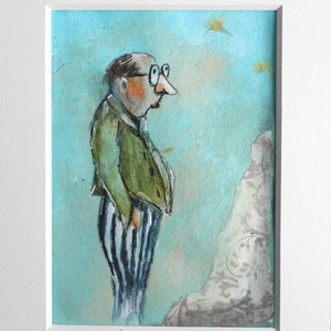 Piccolo dipinto, vecchio, divertente, pantaloni a righe, occhiali, caricatura, verde, blu, su carta, passe-partout di Beate Frieling