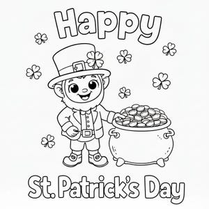 May include: Black and white illustration for St. Patrick's Day. A leprechaun wearing a top hat and suit stands next to a pot of gold coins. The words "Happy St. Patrick's Day" are written above and below the leprechaun.