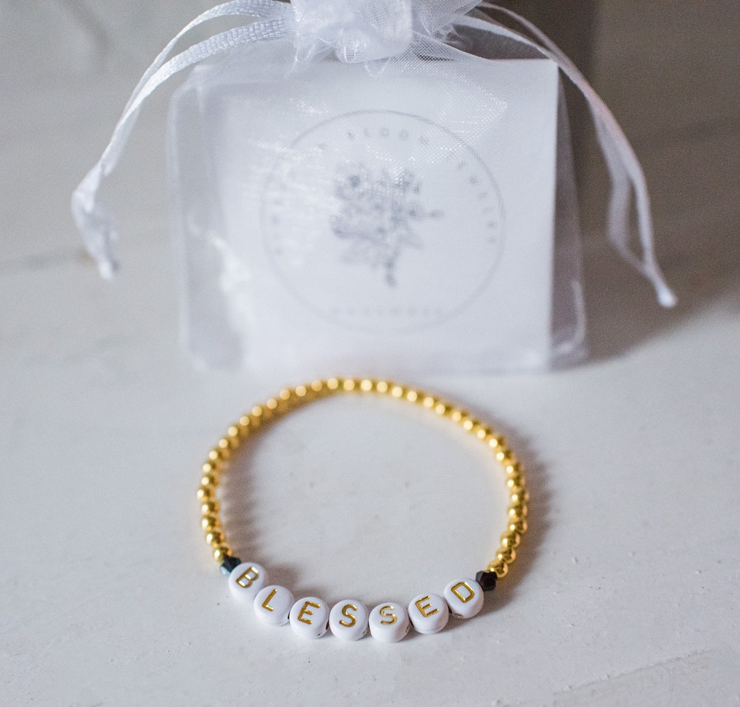 Gold Letter Bead Bracelet / Blessed/ Gold Bead Balls/ Black Faceted