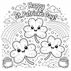 May include: Black and white illustration for St. Patrick's Day featuring three smiling shamrocks, a rainbow, clouds, stars, and pots of gold. The text "Happy St. Patrick's Day!" is at the top.