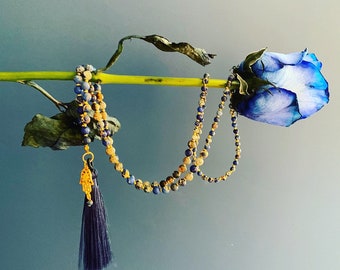 Blue hamsa hand beaded necklace, long blue jasper tassel necklace, boho blue necklace, summer jewelry, gift for her