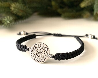 Mandala bracelet, macreme bracelet, adjustable black bracelet, friendship bracelet, one size fits all bracelet, bohemian, yoga