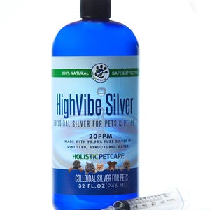 May include: A 32 fluid ounce blue plastic bottle of HighVibe Silver colloidal silver for pets and peeps, featuring a label with the text 100% natural, safe & effective, 20PPM, and Holistic Pet Care, accompanied by a clear plastic oral syringe.