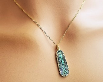 Blue Green Abalone Shell Necklace, Abalone Feather Necklace, Abalone Jewelry, Golden Abaone Shell Necklace, Birthday Gift