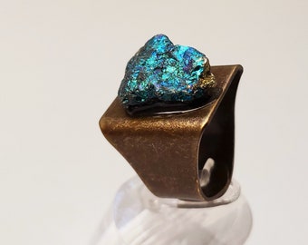 Iridescent Blue Peacock Ore Ring, Large Raw Stone Ring, Unique Ring, Valentines Gift, Birthday Gift, Ladies Statement Jewelry