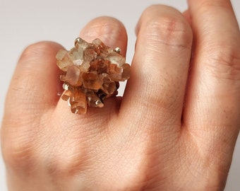 Large Orange Aragonite Cluster Ring, Raw Aragonite Crystal Ring, Large Statement Ring, Unique Aragonite Ring, Large Cocktail Ring, Crystals