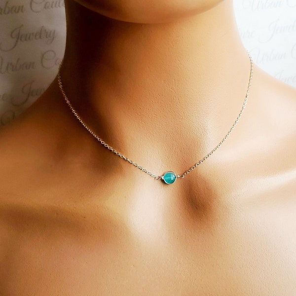 Dainty Blue Apatite Necklace, Raw Gemstone Choker Necklace, Tiny Delicate Minimalist Jewelry, February Birthstone, Crystal Necklaces