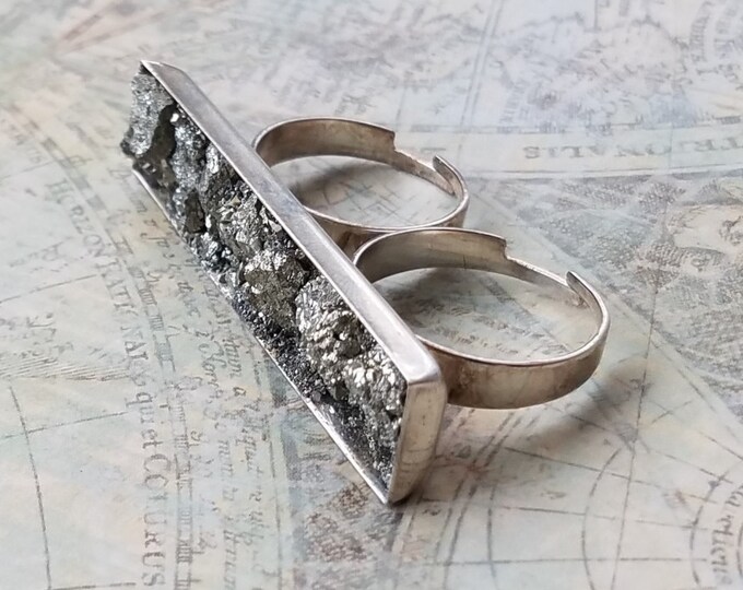 Silver Pyrite Two Finger Ring Two Finger Statement Ring Etsy