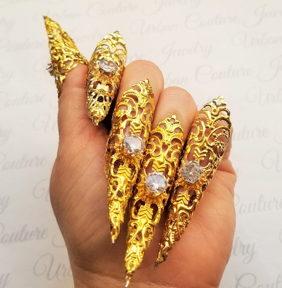 5 Claw Rings, Goth Ring Armor, Long Sharp Gold Nails, Golden Claws