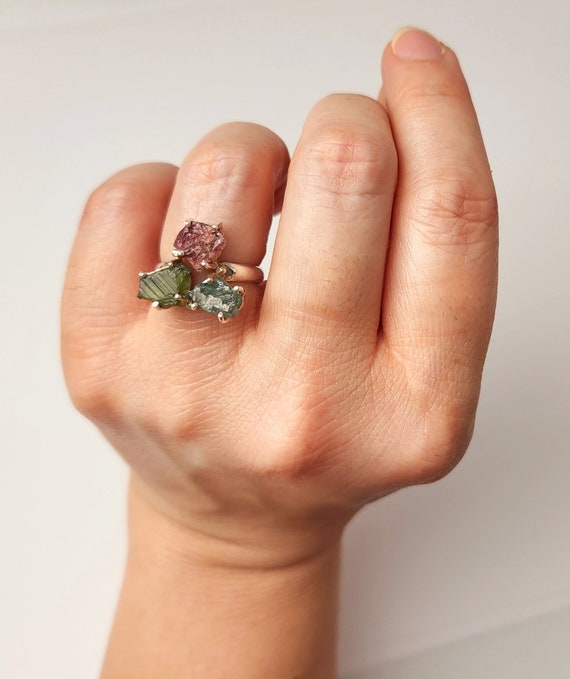 Raw Tourmaline Ring Green Tourmaline Ring Pink Tourmaline Ring