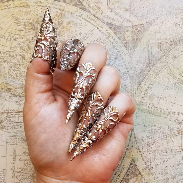 One Silver Stiletto Nail, Gothic Ring Armor, Goth Steampunk Jewelry, Sharp Nail Claws, Stiletto Nails, Long Witch Nails, Sharp Nail Claws