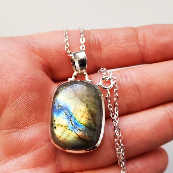 Blue Orange Flashy Labradorite Sterling Silver Pendant Jewelry, Unique OOAK Jewelry, One of a Kind Jewelry, Unique Gift, Birthday Gift