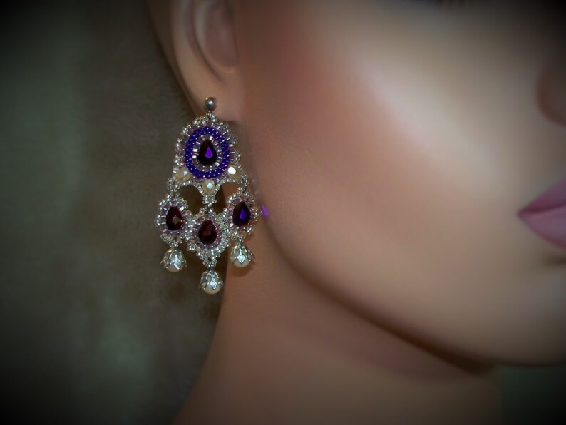 Beaded earrings Chandelier Dangle Earrings Statement Earrings Sterling Silver Earrings Large Earrings Bead Embroidered Earrings