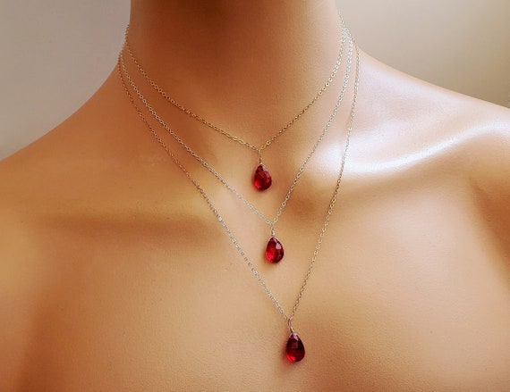 Ruby Necklace Dainty Red Teardrop - Ruby Gemstone Pendant
