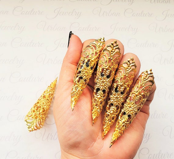 Gothic Finger Nail Tip Claw Rings Claws Knuckle Finger Ring Bracelet with  Chain Queen Costume Nail Rings Decoration Accessory for Women (Gold)