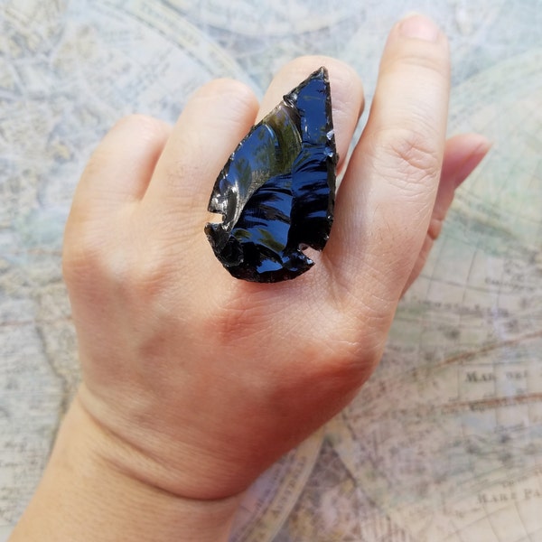 Large Black Statement Ring, Ladies Statement Rings, Arrowhead Obsidian Adjustable Chunky Ring