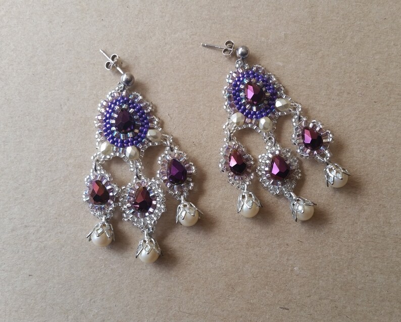 Beaded earrings Chandelier Dangle Earrings Statement Earrings Sterling Silver Earrings Large Earrings Bead Embroidered Earrings