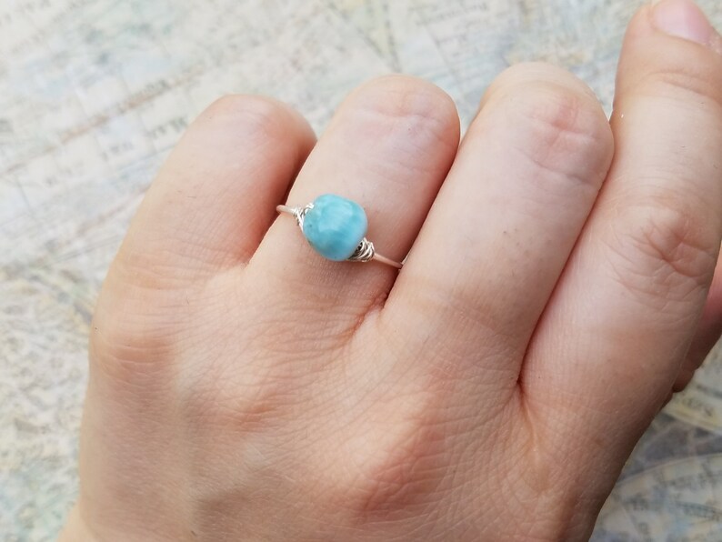 Birthday Gift Genuine Caribbean Larimar Ring Anniversary Gift Minimalist Jewelry Dainty Ring Small Ring Dainty Silver Ring