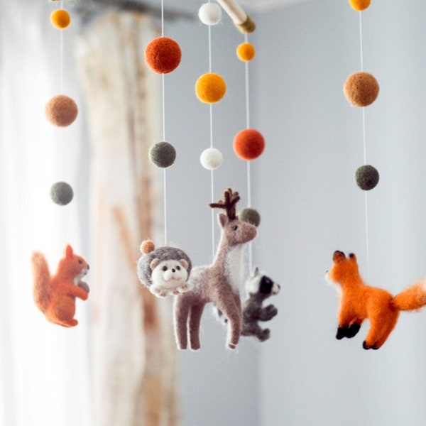 Needle Felted Fox Baby Mobile Woodland Animals Mobile Baby Crib Mobile Cot Mobile Bebe Woodland Nursery Decor Baby Shower Gift