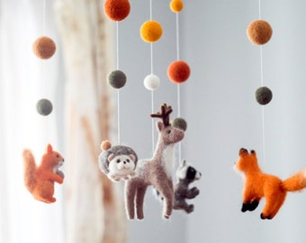 Needle Felted Fox Baby Mobile Woodland Animals Mobile Baby Crib Mobile Cot Mobile Bebe Woodland Nursery Decor Baby Shower Gift