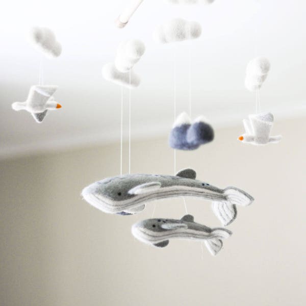 Whale Baby Mobile: Nordic Nursery Decor, Felted Seagulls & Mountains