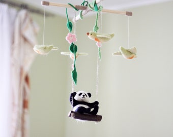 Baby Girl Mobile, Jungle Crib Mobile Girl, Panda mobile, Panda Baby Shower Gift, Flying Bird Mobile, Jungle Nursery Decor