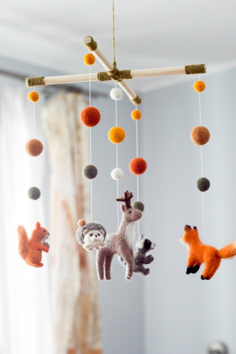 Needle Felted Fox Baby Mobile Woodland Animals Mobile Baby Crib Mobile Cot Mobile Bebe Woodland Nursery Decor Baby Shower Gift Without hanger