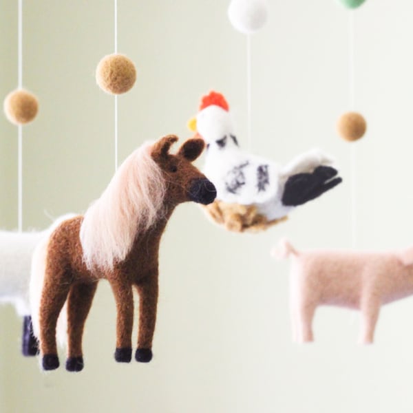 Farm Animals Baby Mobile - Needle Felted Horse, Cow, Sheep, Chicken & Pig