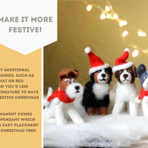 May include: Four miniature dog ornaments, each with a festive Christmas theme. One dog wears a Santa hat and red scarf, while others have Santa hats. The ornaments are designed for easy placement on a Christmas tree.