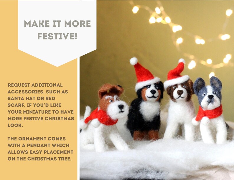 May include: Four miniature dog ornaments, each with a festive Christmas theme. One dog wears a Santa hat and red scarf, while others have Santa hats. The ornaments are designed for easy placement on a Christmas tree.