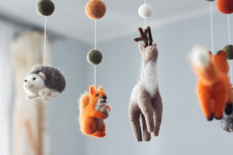 Needle Felted Fox Baby Mobile Woodland Animals Mobile Baby Crib Mobile Cot Mobile Bebe Woodland Nursery Decor Baby Shower Gift image 3