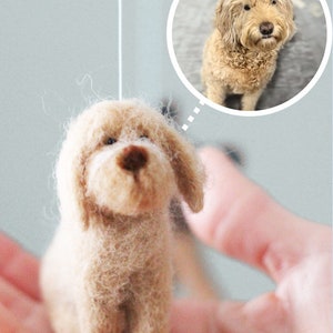 May include: A small, hand-felted dog figurine, made of light brown wool, with a fluffy texture. The figurine is sitting on a hand, with a thought bubble above it showing a larger, real dog of the same breed.