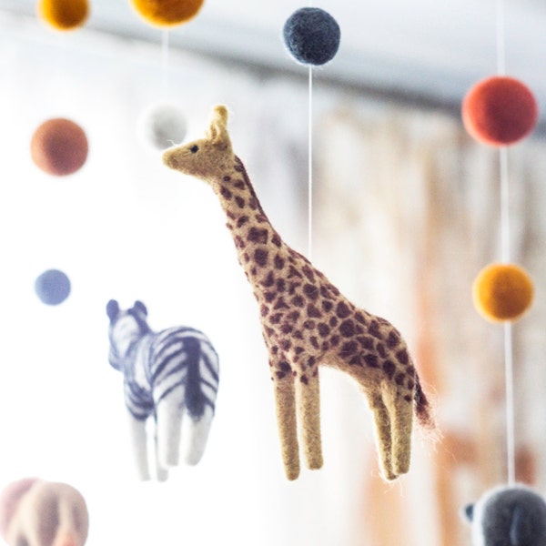Needle Felted Baby Mobile Animals: Lion, Zebra, Giraffe, Elephant, Hippo - Safari nursery decor