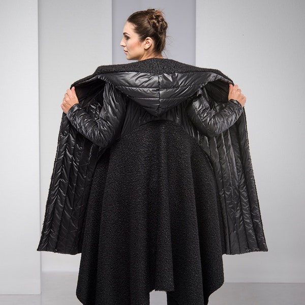 Black Wool Blend Maxi Coat, Hooded Asymmetric Winter Jacket, Quilted Outerwear