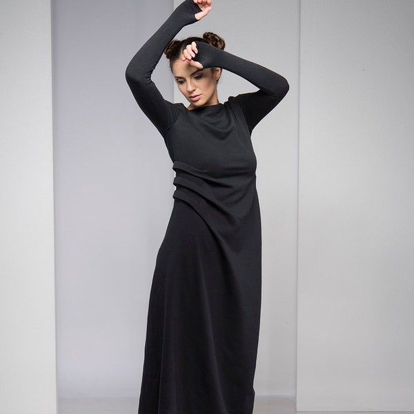 Maxikleid für Frauen, schwarzes Winterkleid, Gothic Kleid, Baumwollkleid, Kleid in Übergröße, Steampunk Kleid, Kleidung in Übergröße, Boho Maxi Kleid