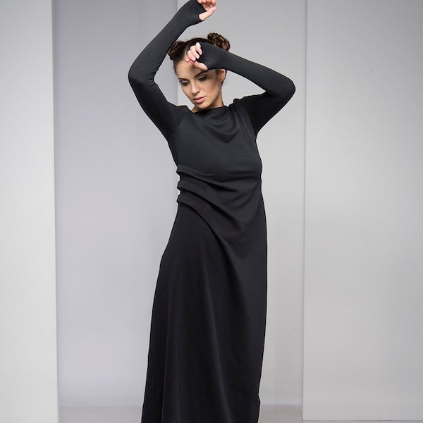 Vestido largo negro de algodón, detalle lateral, ropa de otoño/invierno