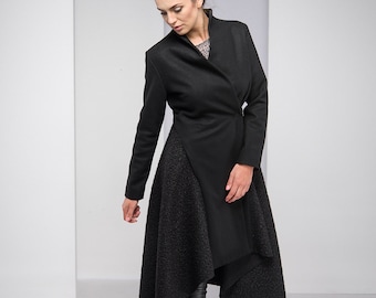 Ready to Ship Black Winter Coat For Women, Asymmetric Coat, Long Wool Coat, Plus Size Clothing, Bohemian Clothing