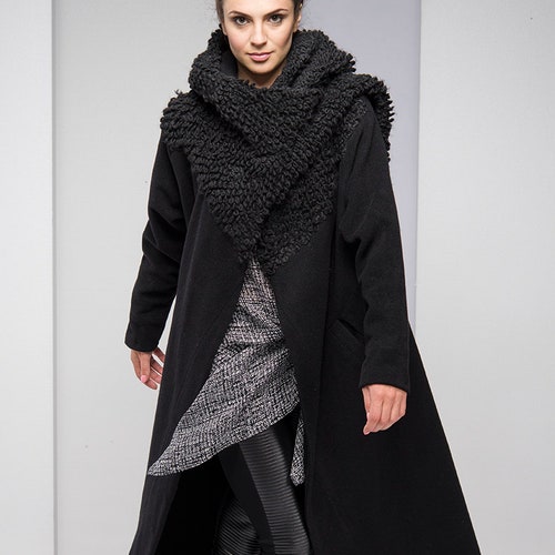 Winter Wool Black Hooded Coat, Plus Size Clothing