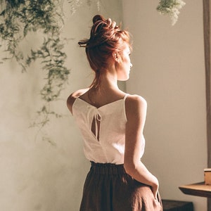 Summer Linen Cami Top, Tie-Knot Back, Spaghetti Strap