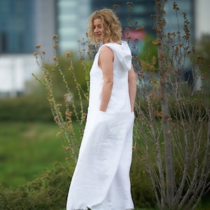 Linen Maxi Dress, White Summer Dress, Plus Size Maxi Dress, Linen Kaftan, Bohemian Clothing, Hooded Linen Dress, White Linen Dress Plus Size