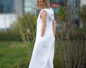 Vestido longo de linho com capuz e bolsos, estilo boho.