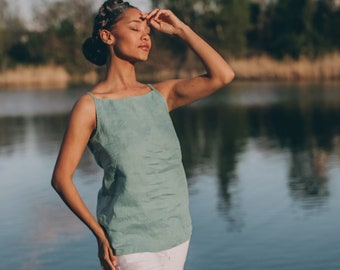 Sleeveless Linen Top, Summer Linen Tank, Dusty Turquoise Linen Top, Linen Slip Top, Linen Clothing for Women, Minimalist Top, Spaghetti Top