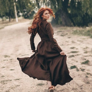 Chocolate Brown Linen Dress, Heavy Linen Maxi Dress, Long Sleeve Linen Dress, Linen Wrap Dress, Boho Dress, Kimono Dress, Fall Winter Dress