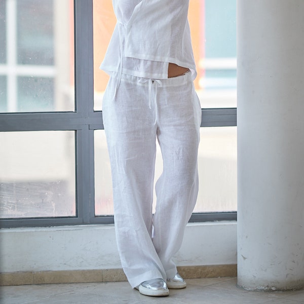 Pantalon en lin blanc, Pantalon en lin femme, Vêtements en lin, Vêtements en lin, Pantalon large, Pantalon blanc, Pantalon bohème grande taille pour femme, Pantalon d'été