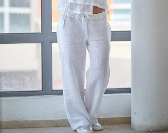 Pantalones de lino blanco, pantalones de lino mujeres, ropa de lino, ropa de lino, pantalones de pierna ancha, pantalones blancos más tamaño Boho pantalones de mujer, pantalones de verano