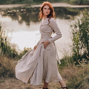 Wrap Linen Dress with Pockets, Heavyweight Linen Dress for Women, Linen Midi Dress, Plus Size Maxi Dress, Bohemian Dress,Spring Casual Dress