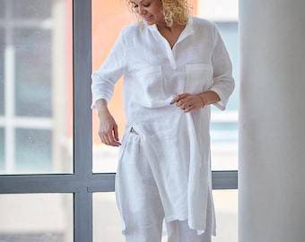 Haut tunique en lin, vêtements en lin, vêtements bohèmes, vêtements en lin, haut tunique blanc, chemise en lin grande taille, haut d'été blanc